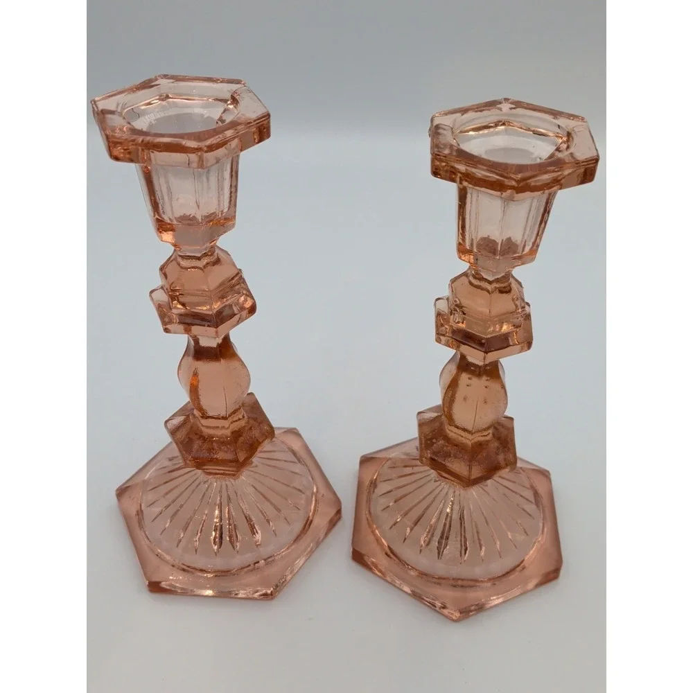 Pair of Vintage Deep Rose Pink Depression Glass Candlesticks, Beacon Hill 7.5